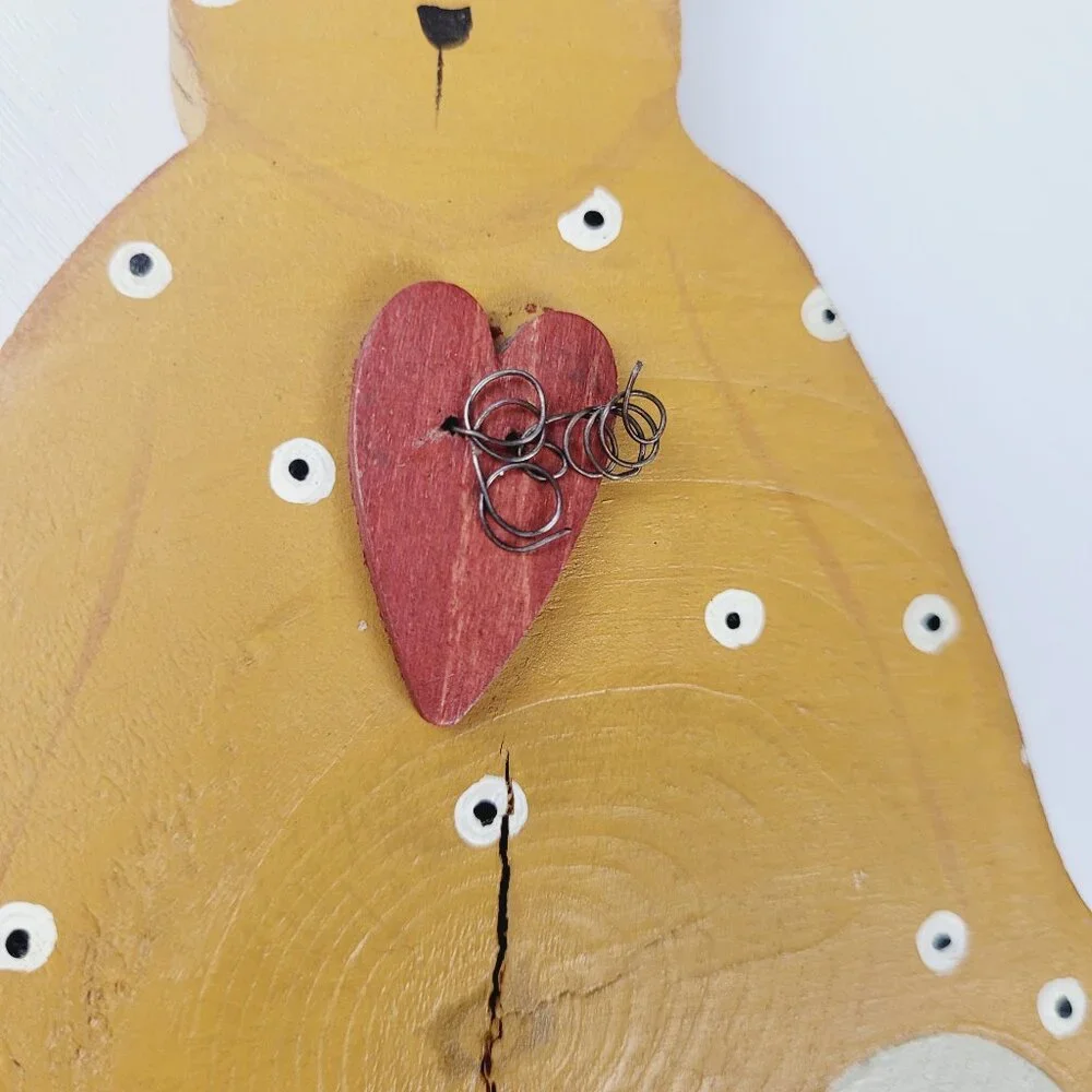 Two Vintage Handmade Folk Art Wooden Bears Angel Wings Heart Hand Painted polka.